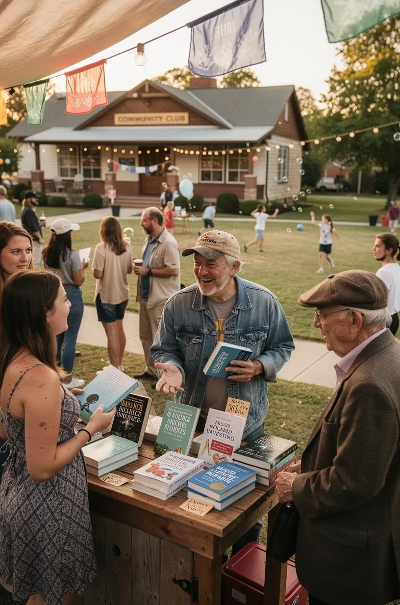 Pohľad na pult s predajom finančných kníh a plánovačov v komunitnom centre.