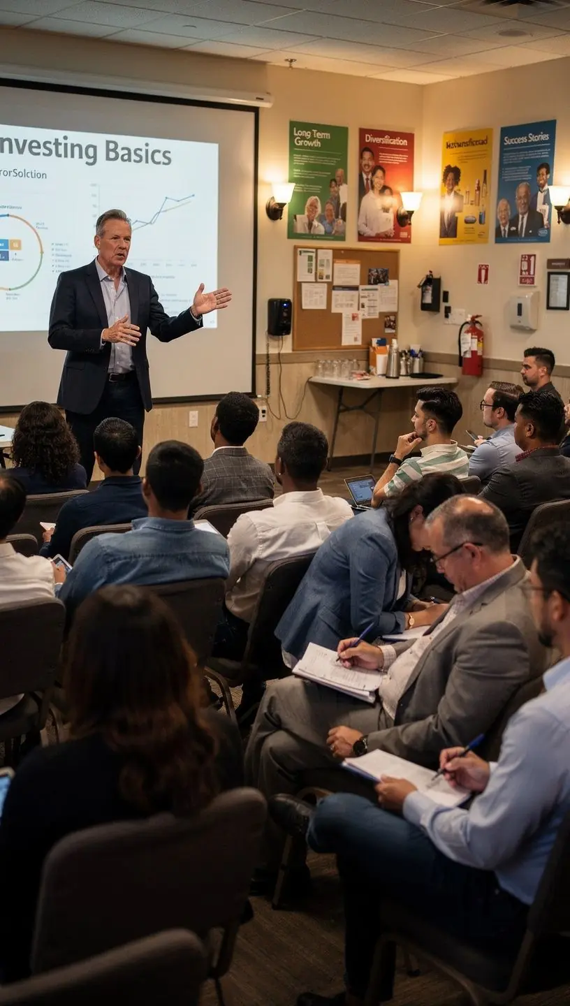 Osoba čítajúca knihu o osobných financiách v komunitnom klube.