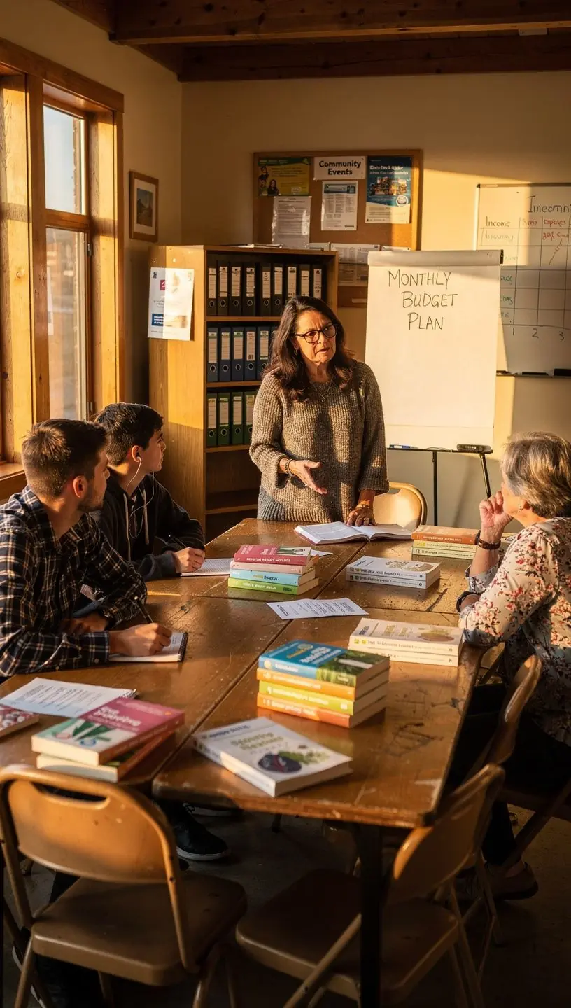 Skupina ľudí diskutujúcich o správe osobných financií na komunitnom stretnutí.